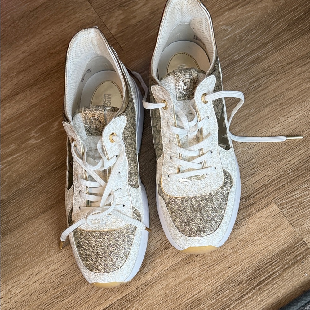Michael Kors White and Brown Monogram Sneakers Size 10